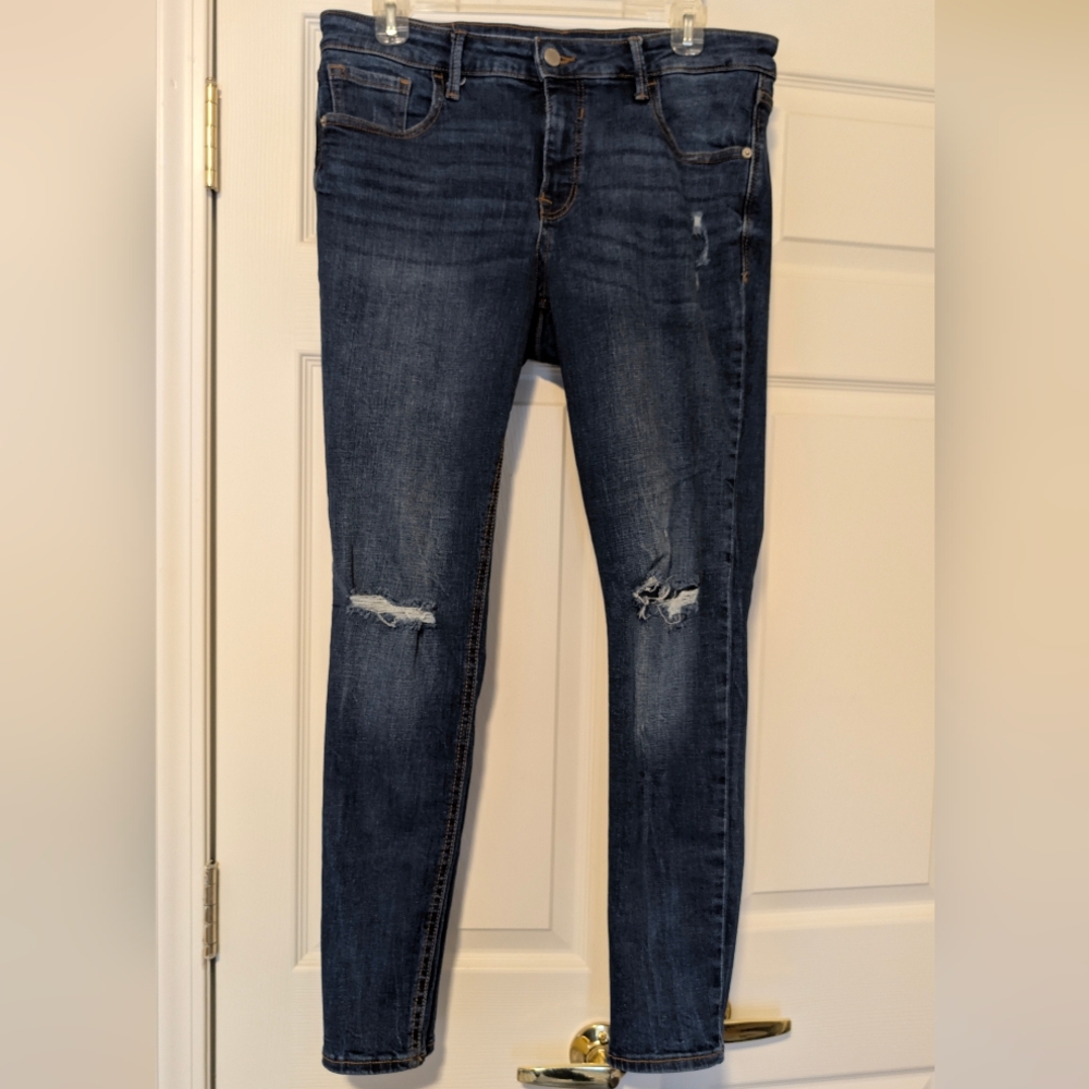 Old Navy Dark Blue Distressed Mid Rise Rockstar Skinny Jeans